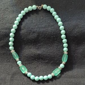 Silver Tone Mint Green Beaded Chunky Statement Necklace